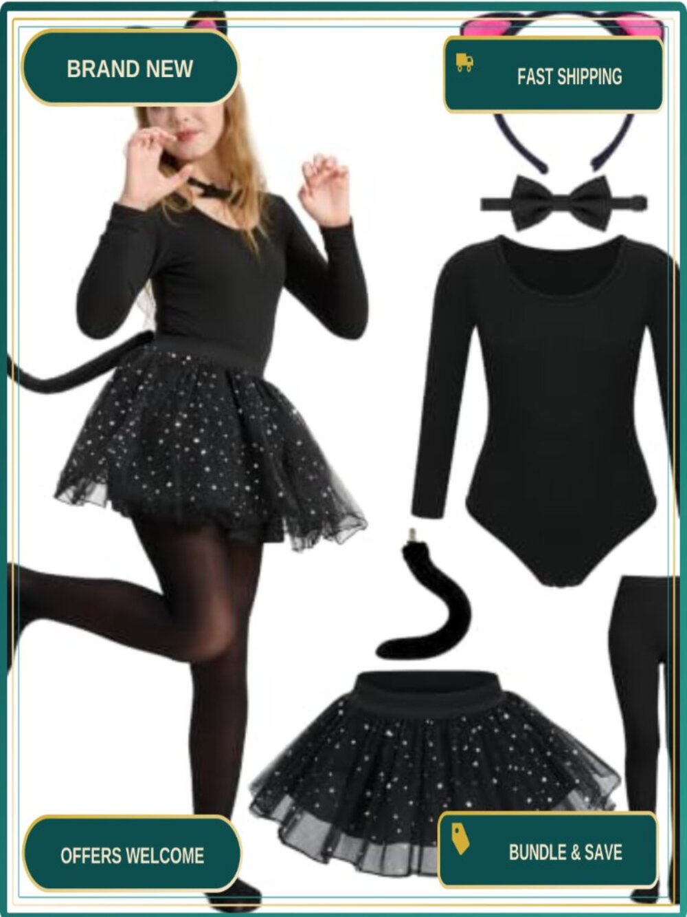 Girls Black Cat Costume Set Tutu Bodysuit Tights Tail